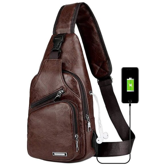 Leather Sling Bag Mens Crossbody Bag Chest Bag Sling Backpack for Men with USB C